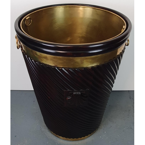 45 - A LARGE SIZED HANDMADE GEORGIAN STYLE BRASS BOUND & LINED PEAT BUCKET, the tapered body decorated wi... 