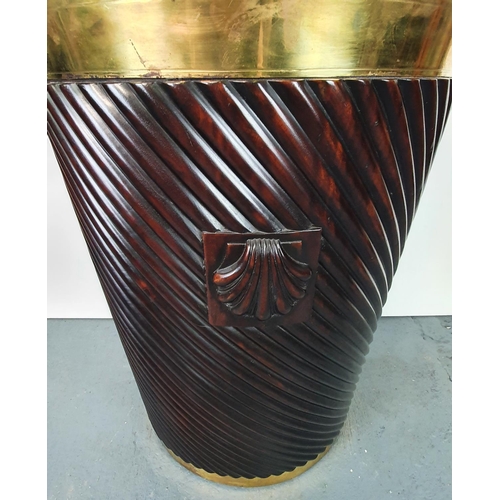 45 - A LARGE SIZED HANDMADE GEORGIAN STYLE BRASS BOUND & LINED PEAT BUCKET, the tapered body decorated wi... 