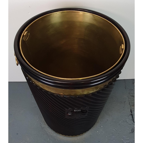 45 - A LARGE SIZED HANDMADE GEORGIAN STYLE BRASS BOUND & LINED PEAT BUCKET, the tapered body decorated wi... 