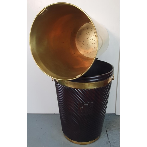 45 - A LARGE SIZED HANDMADE GEORGIAN STYLE BRASS BOUND & LINED PEAT BUCKET, the tapered body decorated wi... 