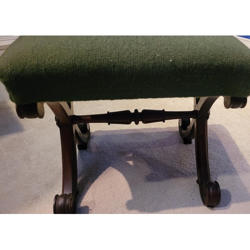 46 - A VERY FINE X-FRAME 19TH CENTURY FOOT STOOL, the top with embroided upholstery, the base made up of ... 