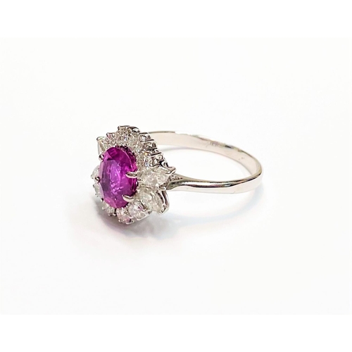 49 - A STUNNING 18CT WHITE GOLD BURMESE RUBY AND DIAMOND CLUSTER RING, beautiful oval cut Burmese ruby su... 