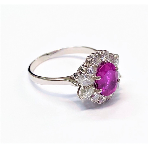 49 - A STUNNING 18CT WHITE GOLD BURMESE RUBY AND DIAMOND CLUSTER RING, beautiful oval cut Burmese ruby su... 