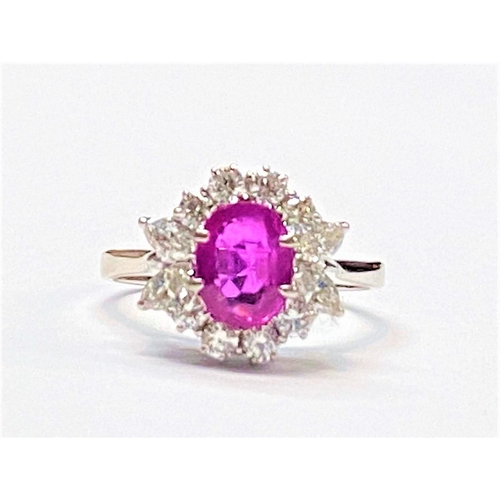 49 - A STUNNING 18CT WHITE GOLD BURMESE RUBY AND DIAMOND CLUSTER RING, beautiful oval cut Burmese ruby su... 