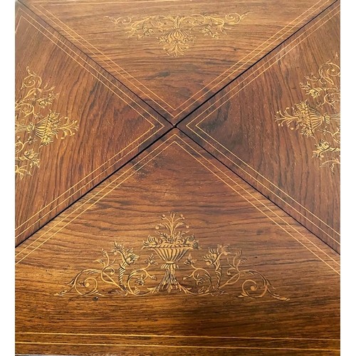 54 - AN ROSEWOOD INLAID ENVELOPE FOLD OVER CARD TABLE, a fine piece of Edwardian style furniture; the top... 