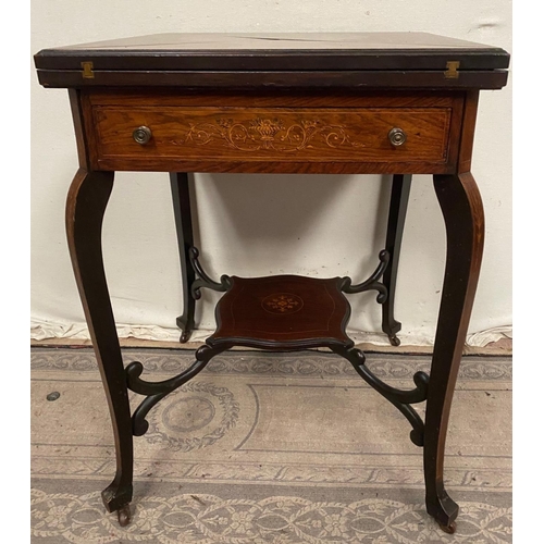 54 - AN ROSEWOOD INLAID ENVELOPE FOLD OVER CARD TABLE, a fine piece of Edwardian style furniture; the top... 