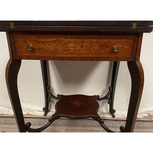 54 - AN ROSEWOOD INLAID ENVELOPE FOLD OVER CARD TABLE, a fine piece of Edwardian style furniture; the top... 