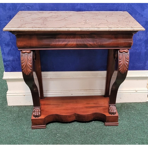 8 - A NEATLY SIZED 19TH CENTURY MAHOGANY MARBLE TOPPED CONSOLE TABLE, the marble top sits upon a mahogan... 