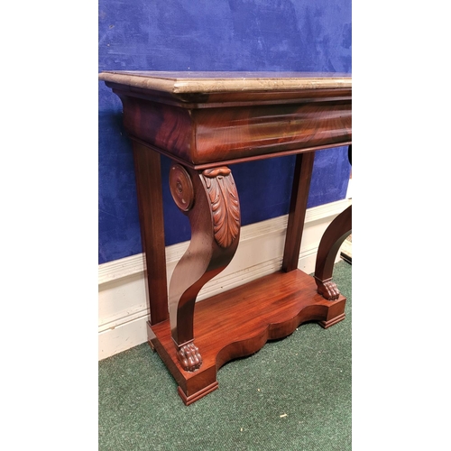 8 - A NEATLY SIZED 19TH CENTURY MAHOGANY MARBLE TOPPED CONSOLE TABLE, the marble top sits upon a mahogan... 