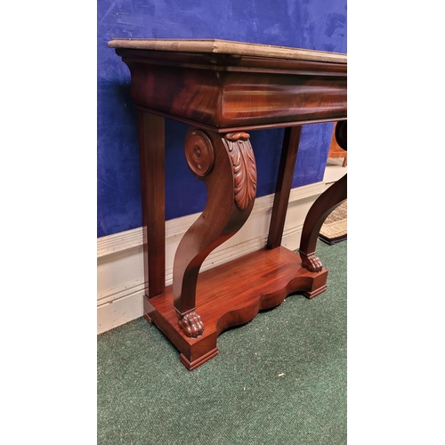 8 - A NEATLY SIZED 19TH CENTURY MAHOGANY MARBLE TOPPED CONSOLE TABLE, the marble top sits upon a mahogan... 