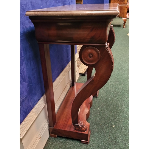 8 - A NEATLY SIZED 19TH CENTURY MAHOGANY MARBLE TOPPED CONSOLE TABLE, the marble top sits upon a mahogan... 