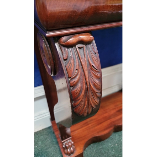 8 - A NEATLY SIZED 19TH CENTURY MAHOGANY MARBLE TOPPED CONSOLE TABLE, the marble top sits upon a mahogan... 