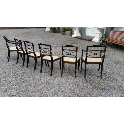 91 - A SUPERB SET OF EARLY 20TH CENTURY REGENCY STYLE EBONISED & GILT CHAIRS, (4 + 2 CARVERS), The entire... 