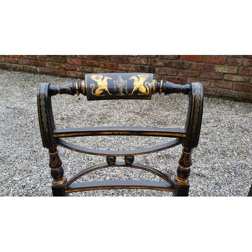 91 - A SUPERB SET OF EARLY 20TH CENTURY REGENCY STYLE EBONISED & GILT CHAIRS, (4 + 2 CARVERS), The entire... 