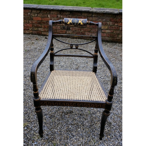 91 - A SUPERB SET OF EARLY 20TH CENTURY REGENCY STYLE EBONISED & GILT CHAIRS, (4 + 2 CARVERS), The entire... 