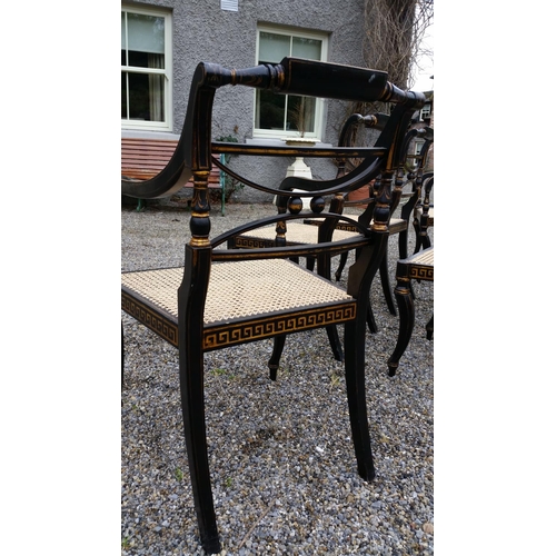 91 - A SUPERB SET OF EARLY 20TH CENTURY REGENCY STYLE EBONISED & GILT CHAIRS, (4 + 2 CARVERS), The entire... 