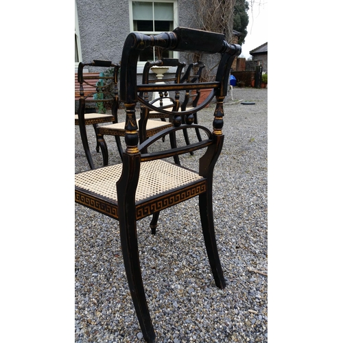 91 - A SUPERB SET OF EARLY 20TH CENTURY REGENCY STYLE EBONISED & GILT CHAIRS, (4 + 2 CARVERS), The entire... 