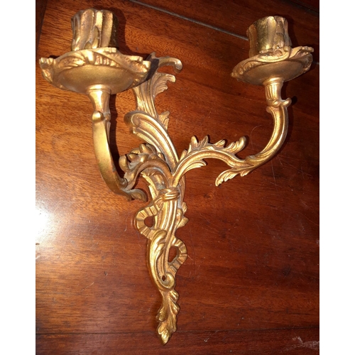 181 - A PAIR OF ANTIQUE FRENCH GILT BRASS TWIN WALL CANDELABRA / WALL SCONCES, with decorative scrolling f... 