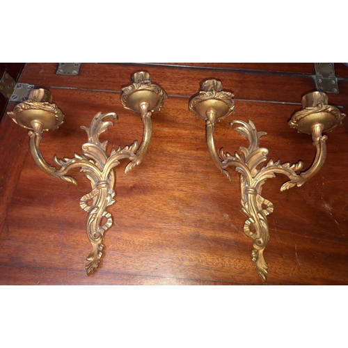 181 - A PAIR OF ANTIQUE FRENCH GILT BRASS TWIN WALL CANDELABRA / WALL SCONCES, with decorative scrolling f... 