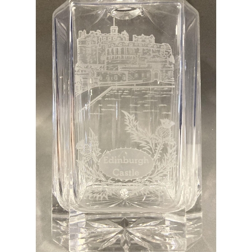 100 - A 20TH CENTURY CUT GLASS SPIRIT DECANTER, with associated stopper and etching to front of Edinburgh ... 