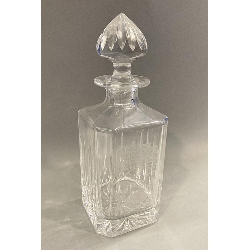 100 - A 20TH CENTURY CUT GLASS SPIRIT DECANTER, with associated stopper and etching to front of Edinburgh ... 