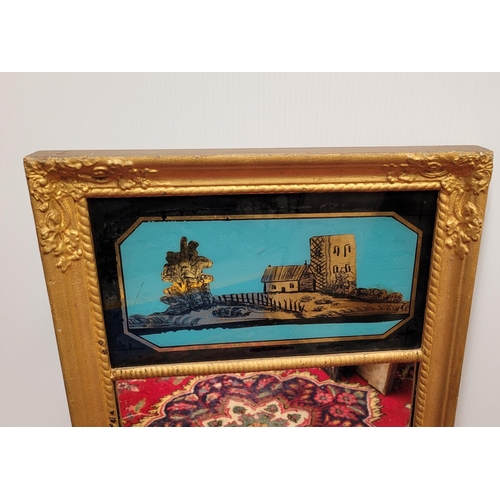 103 - AN ANTIQUE GILT PIER WALL MIRROR, 	with reverse painted picture panel to the top; showing a cottage ... 