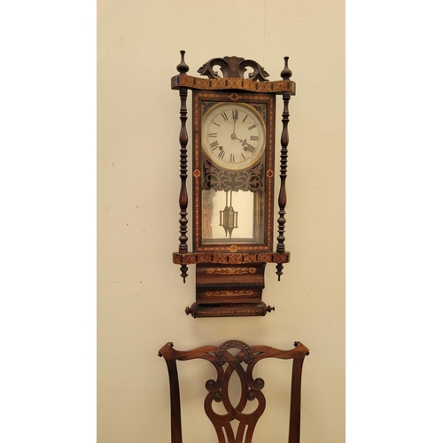 105 - A GOOD QUALITY 19TH CENTURY FINELY INLAID TUNBRIDGEWARE WALL CLOCK	the case with original hinged gla... 