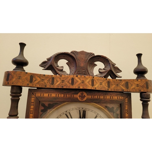 105 - A GOOD QUALITY 19TH CENTURY FINELY INLAID TUNBRIDGEWARE WALL CLOCK	the case with original hinged gla... 