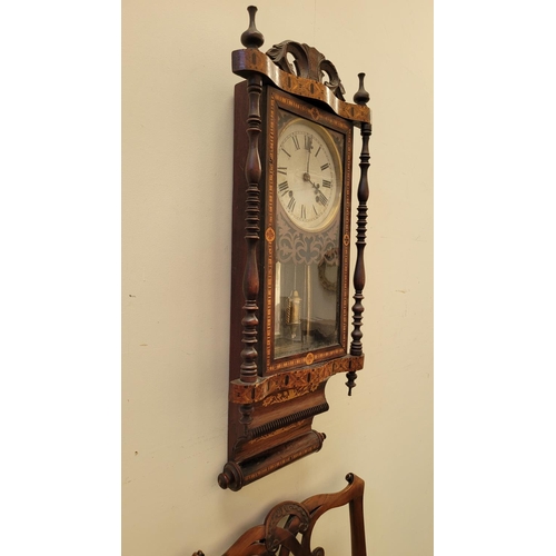 105 - A GOOD QUALITY 19TH CENTURY FINELY INLAID TUNBRIDGEWARE WALL CLOCK	the case with original hinged gla... 