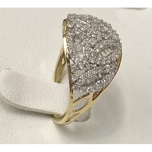 11 - A STUNNING 9CT YELLOW GOLD BOMBAY STYLE DIAMOND CLUSTER RING, with stunning leaf & flower design to ... 