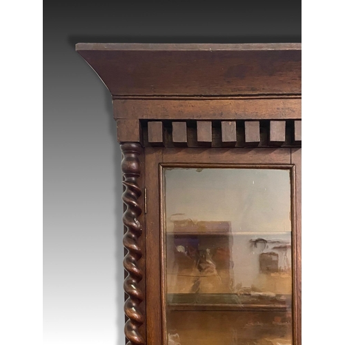 120 - A 19TH CENTURY IRISH OAK TWO DOOR GLAZED CABINET, with a tapered pediment over a line of bold dentil... 