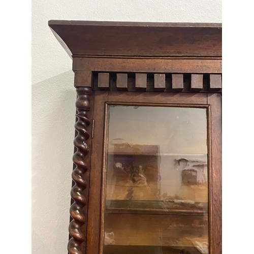 120 - A 19TH CENTURY IRISH OAK TWO DOOR GLAZED CABINET, with a tapered pediment over a line of bold dentil... 