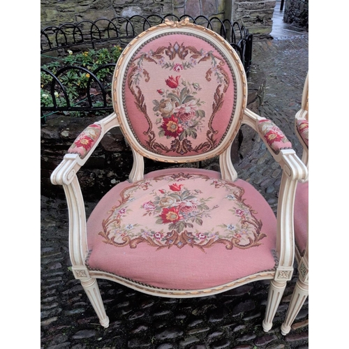 123 - A PAIR OF GEORGE III STYLE FRENCH ARMCHAIRS, with beautiful tapestry upholstery, carved and gilt pai... 