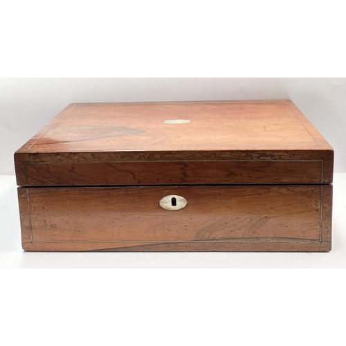 133 - A 19TH CENTURY MAHOGANY WRITING BOX, with string inlay, mother of pearl oval cartouche to top and ke... 