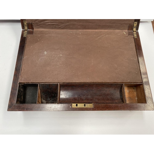 133 - A 19TH CENTURY MAHOGANY WRITING BOX, with string inlay, mother of pearl oval cartouche to top and ke... 