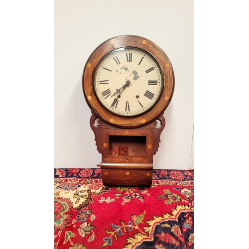 135 - AN AMERICAN INLAID WALL CLOCK, 	with circular clock face decorated with inlaid detail, glazed pendul... 