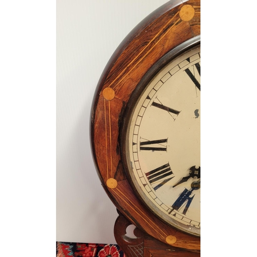 135 - AN AMERICAN INLAID WALL CLOCK, 	with circular clock face decorated with inlaid detail, glazed pendul... 