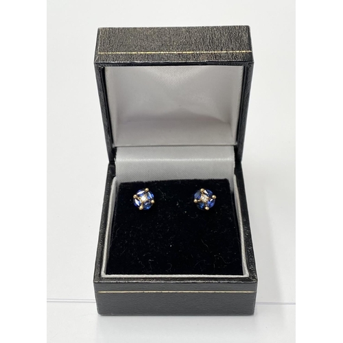 142 - AN ELEGANT PAIR OF 18CT YELLOW GOLD SAPPHIRE & DIAMOND STUD EARRINGS; each stud earring is made up o... 