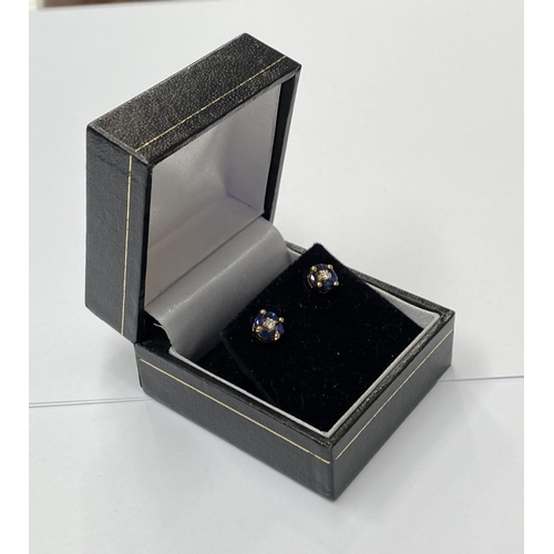 142 - AN ELEGANT PAIR OF 18CT YELLOW GOLD SAPPHIRE & DIAMOND STUD EARRINGS; each stud earring is made up o... 