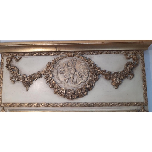 158 - A FRENCH OVERMANTLE / PIER / HALL MIRROR, with painted and gilt decoration to the frame, showing bun... 