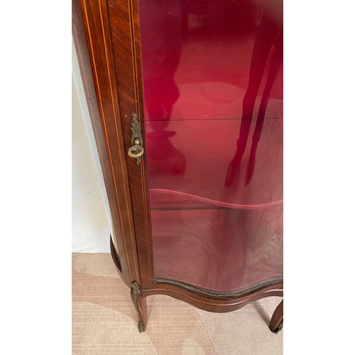 159 - AN EXCELLENT QUALITY MAHOGANY INLAID BOW-FRONTED GLAZED DISPLAY CABINET, the top with a raised brass... 