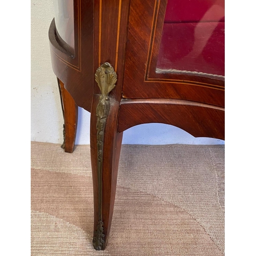 159 - AN EXCELLENT QUALITY MAHOGANY INLAID BOW-FRONTED GLAZED DISPLAY CABINET, the top with a raised brass... 