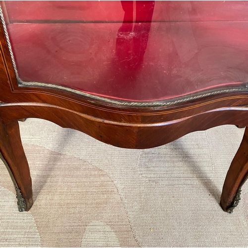 159 - AN EXCELLENT QUALITY MAHOGANY INLAID BOW-FRONTED GLAZED DISPLAY CABINET, the top with a raised brass... 