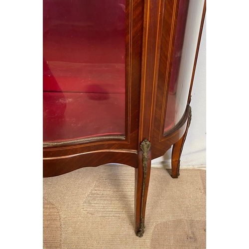 159 - AN EXCELLENT QUALITY MAHOGANY INLAID BOW-FRONTED GLAZED DISPLAY CABINET, the top with a raised brass... 