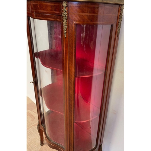 159 - AN EXCELLENT QUALITY MAHOGANY INLAID BOW-FRONTED GLAZED DISPLAY CABINET, the top with a raised brass... 