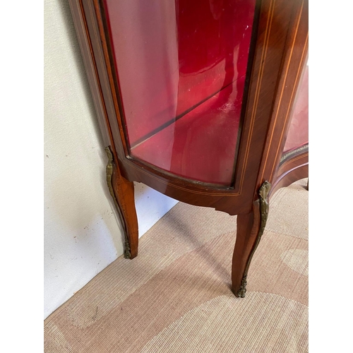 159 - AN EXCELLENT QUALITY MAHOGANY INLAID BOW-FRONTED GLAZED DISPLAY CABINET, the top with a raised brass... 