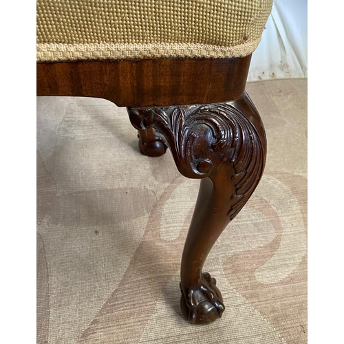 160 - AN IRISH CHIPPENDALE STYLE MAHOGANY STOOL, upholstered with a tapestry to the seat, raised on scroll... 