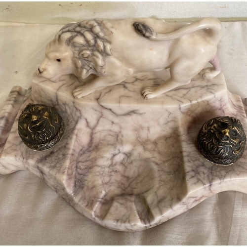 161 - A WHITE MARBLE DESK SET/INK STAND, featuring a lion figure standing on a mount with two round ink ho... 