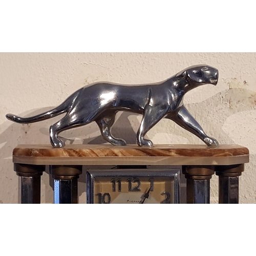 164 - A SUPERB ART DECO PERIOD MARBLE & CHROME MANTLE CLOCK, a large panther stands upon the marble base, ... 