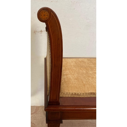 168 - A MAHOGANY INLAID WINDOW SEAT, upholstered, standing on tapered inlaid leg. Dimensions: 96cm x 40cm ... 